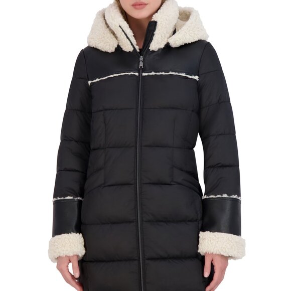 ⭐️ Tahari Women’s Faux-Shearling-Trim Hooded Puffer Coat Black/Cream Size L NWT - Picture 5 of 5